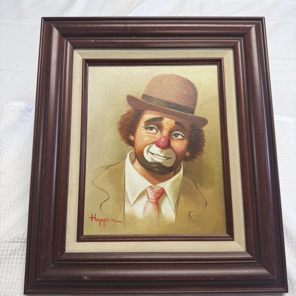 Vintage Rare‎ Signed Hoppin Clown Oil Painting Framed Whimsical Bowler Hat